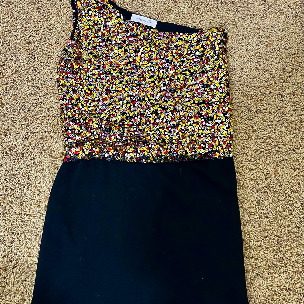 Sequin One-Shoulder Mini Dress - Black and Gold